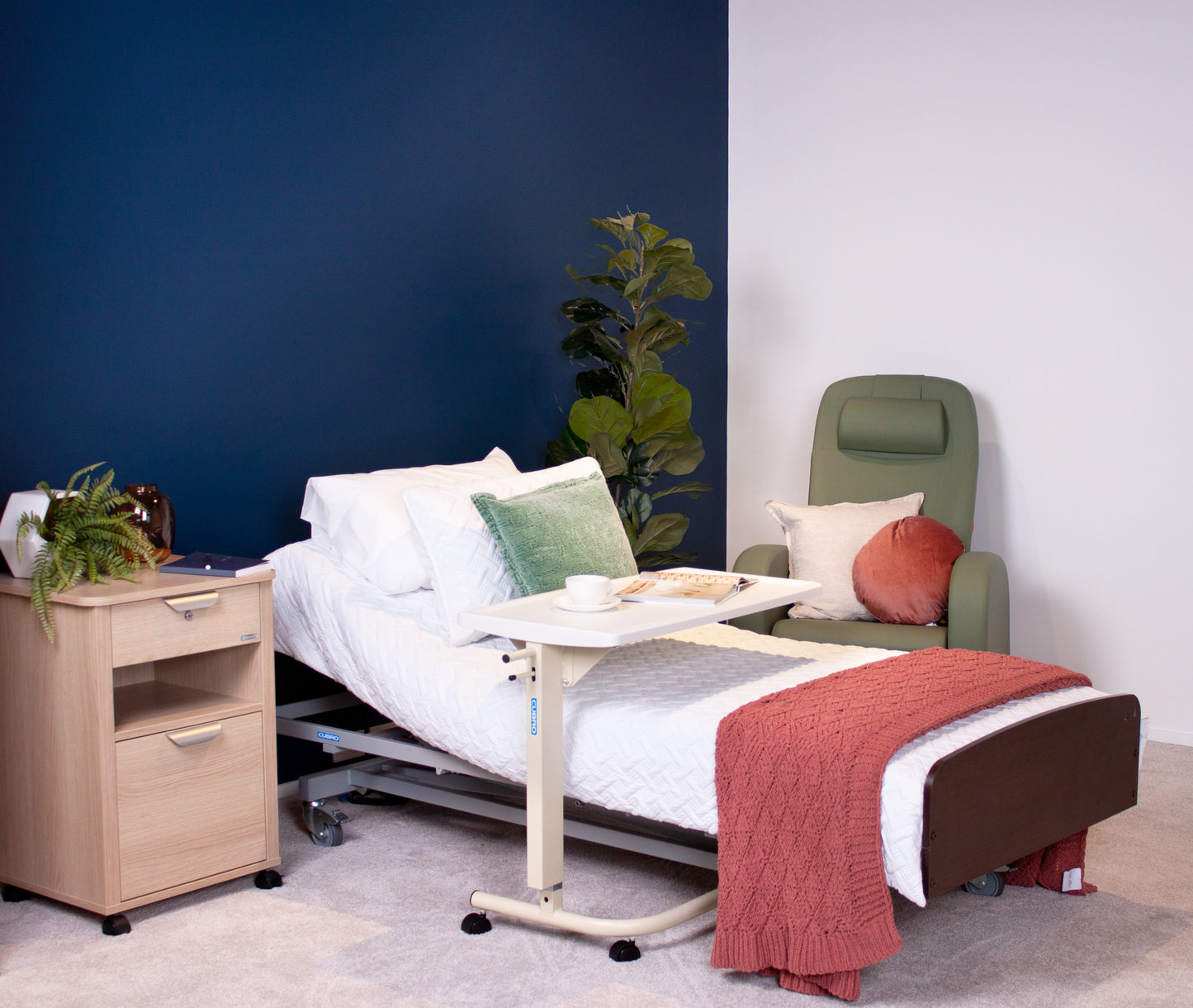 Bock v2 Electric Bed and Greenline Mattress dark oak in bedroom setting