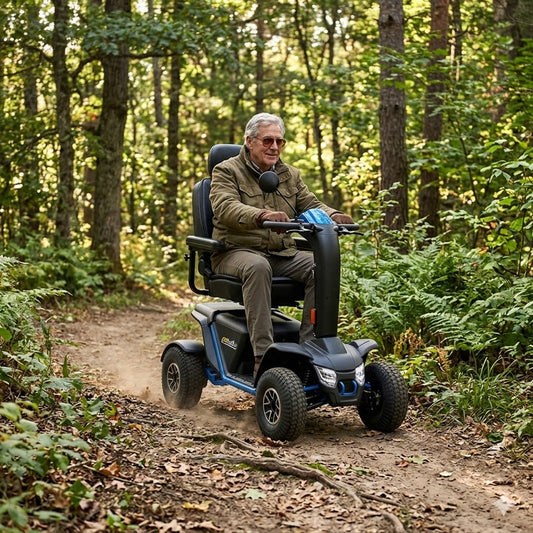 Man using a Pride Mobility Outback Mobility Scooter in a forest setting