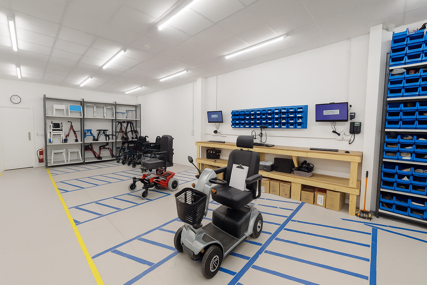 Room with mobility scooters, storage shelves, and equipment on a white floor.