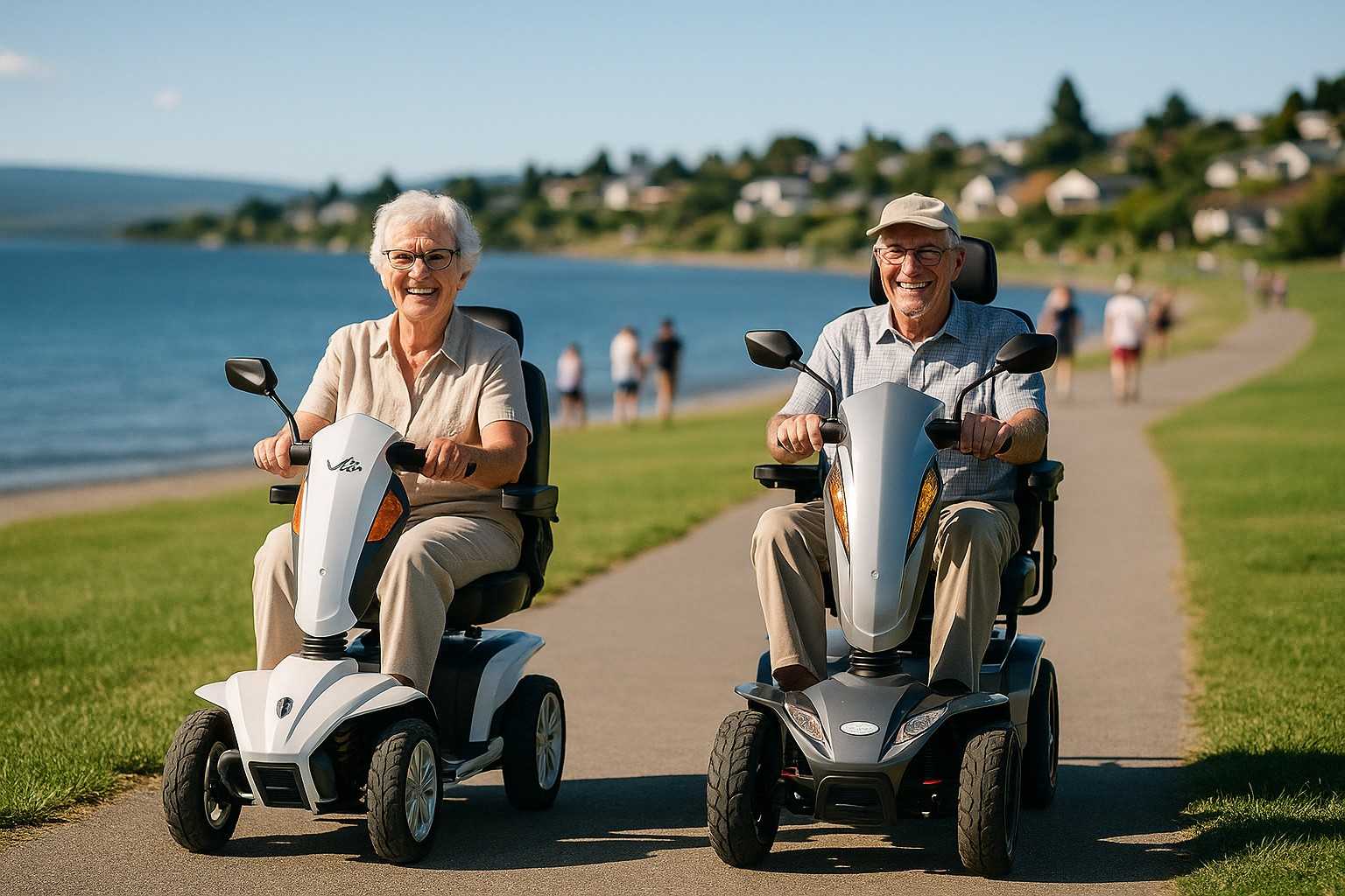 Elderly Couple on Heartway Scooters on a path by Lake Taupo