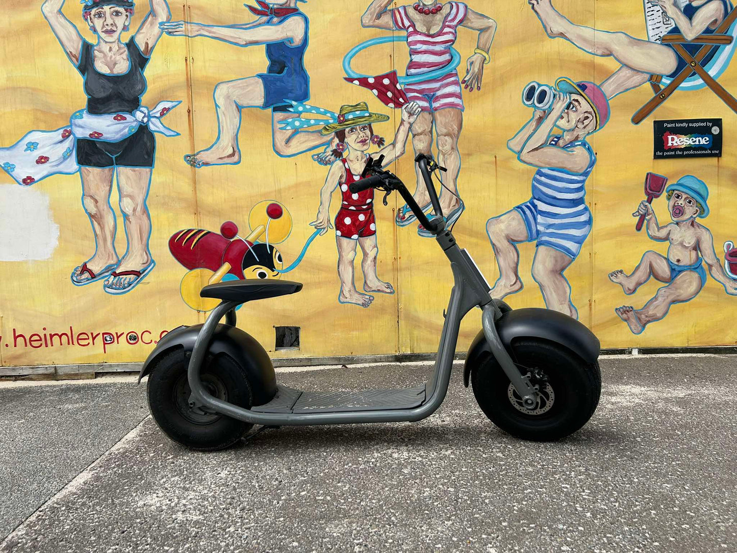 Kaaspeed K1S Fat Tyre Self Balancing E Scooter in front of a colorful mural on a wall.