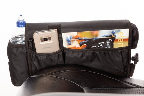 Armrest Bag on scooter armrest showing water bottle and inside pockets