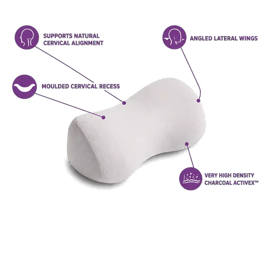 A white contoured icare Reform Neck Support pillow on a white background with purple callout lines and text highlighting features such as support for natural cervical alignment, angled lateral wings, moulded cervical recess, and very high density charcoal activex.