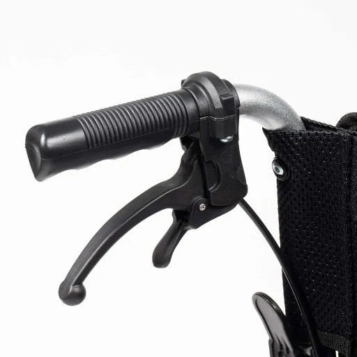 AMW Lightweight Transit Wheelchair handle and brake details