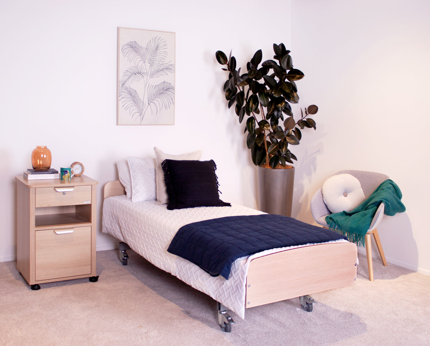 Bock v2 Electric Bed and Greenline Mattress perfect oak in bedroom setting