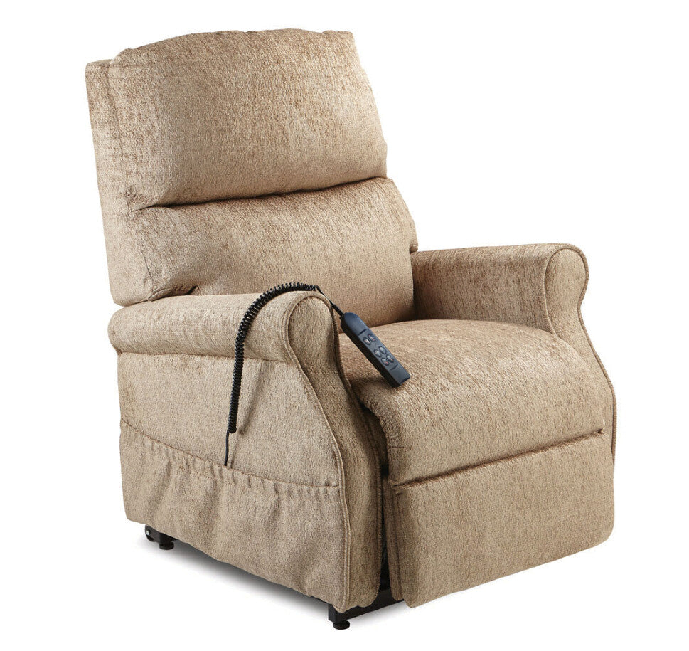 Beige lift chair with remote control on a white background