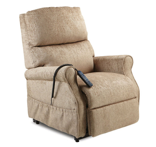 Beige lift chair with remote control on a white background