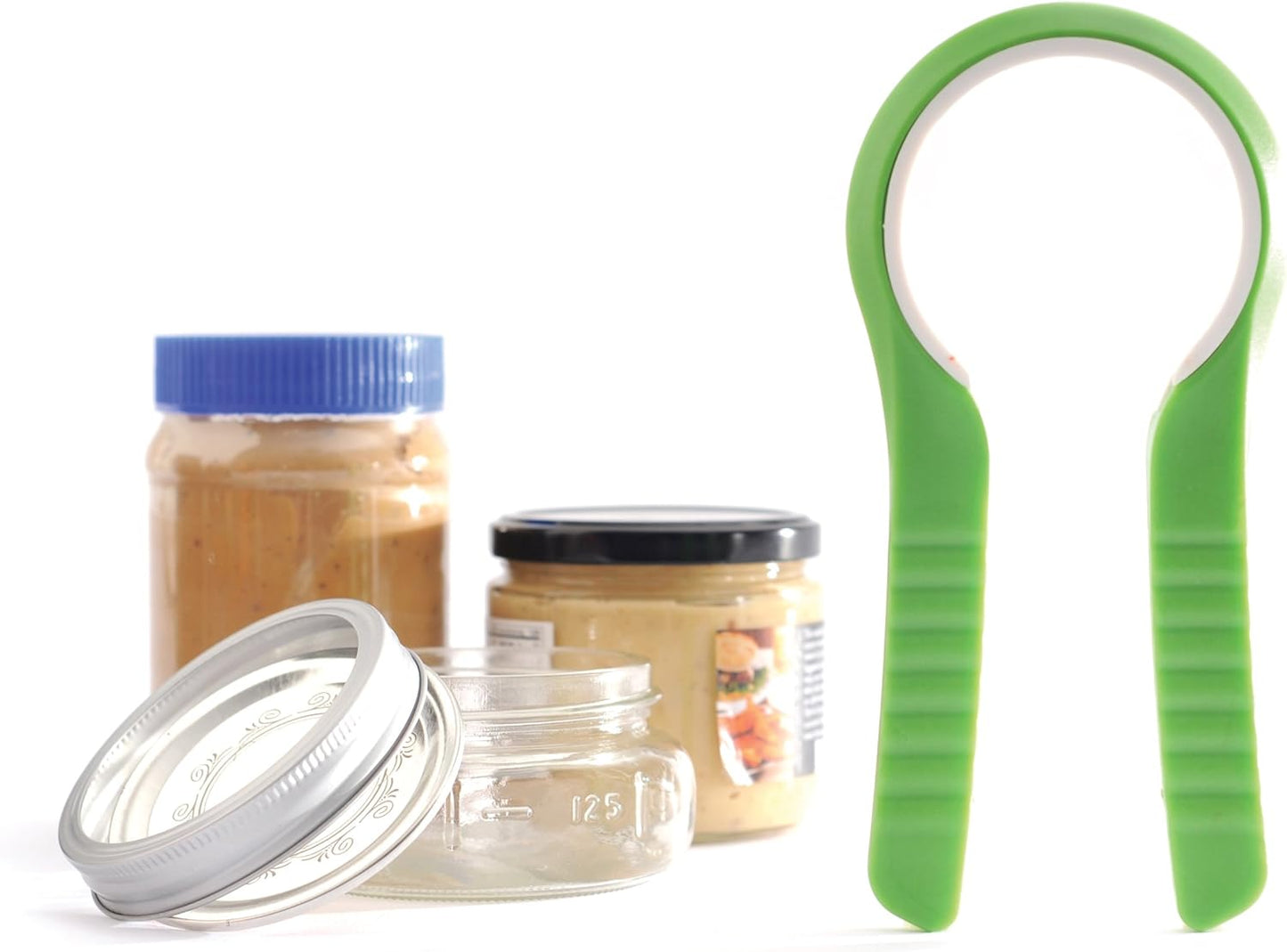 Green jar opener with jars of peanut butter on a white background