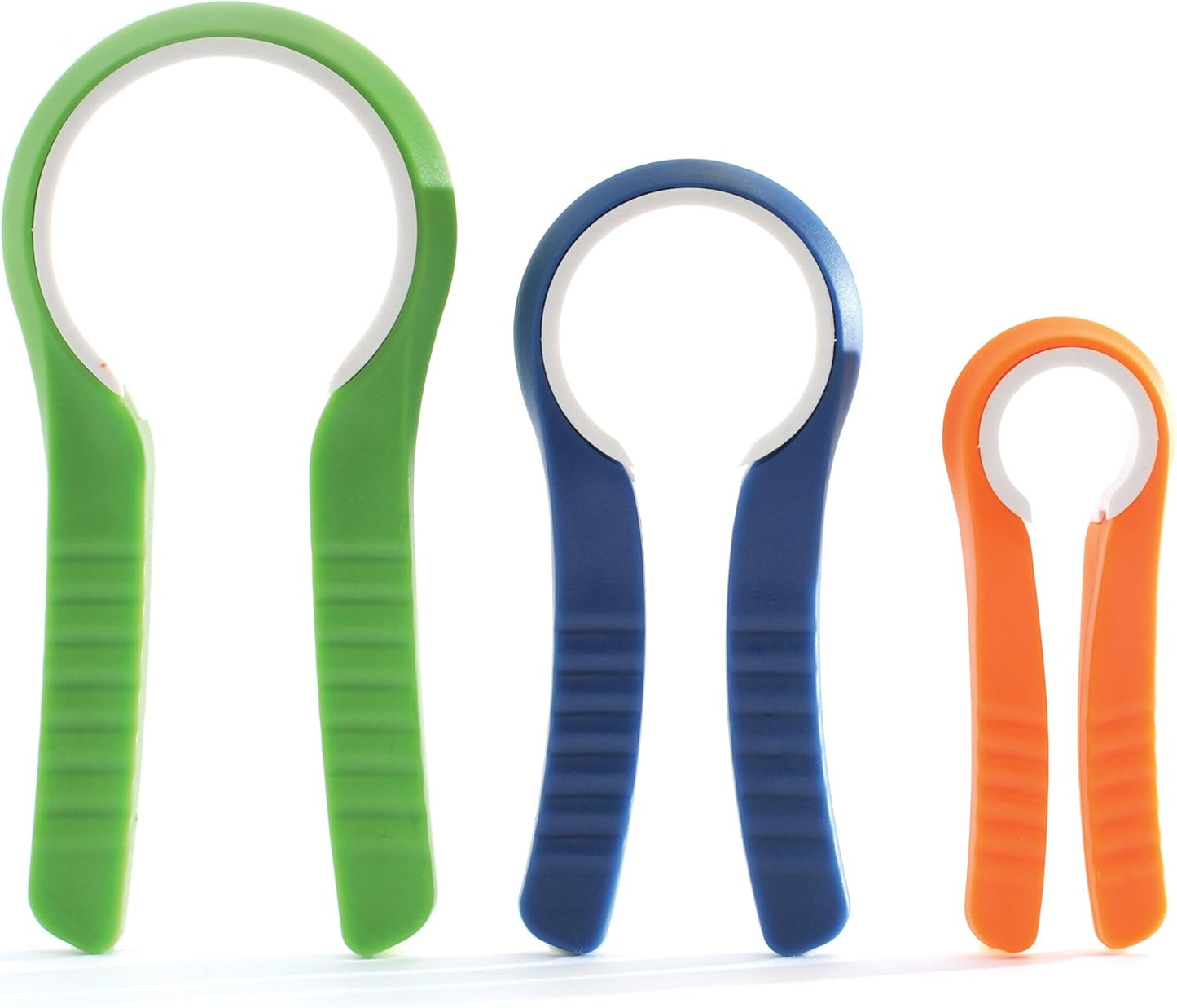 Three bottle openers in green, blue, and orange on a white background