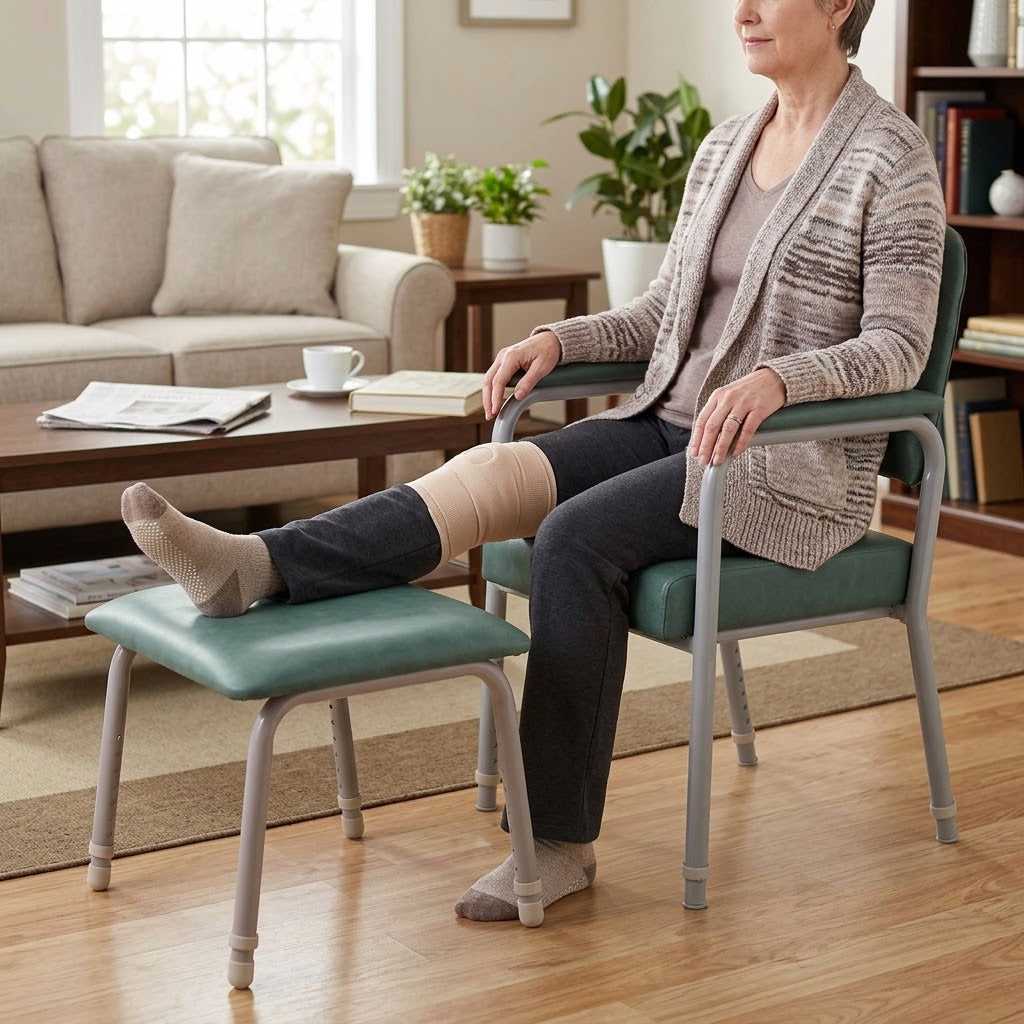 A woman sits in a green Viking Rehab Chair with a matching Viking Adjustable Legrest in a bright living room. Her leg is extended onto the footrest, and she is wearing a beige compression sleeve on her lower leg.