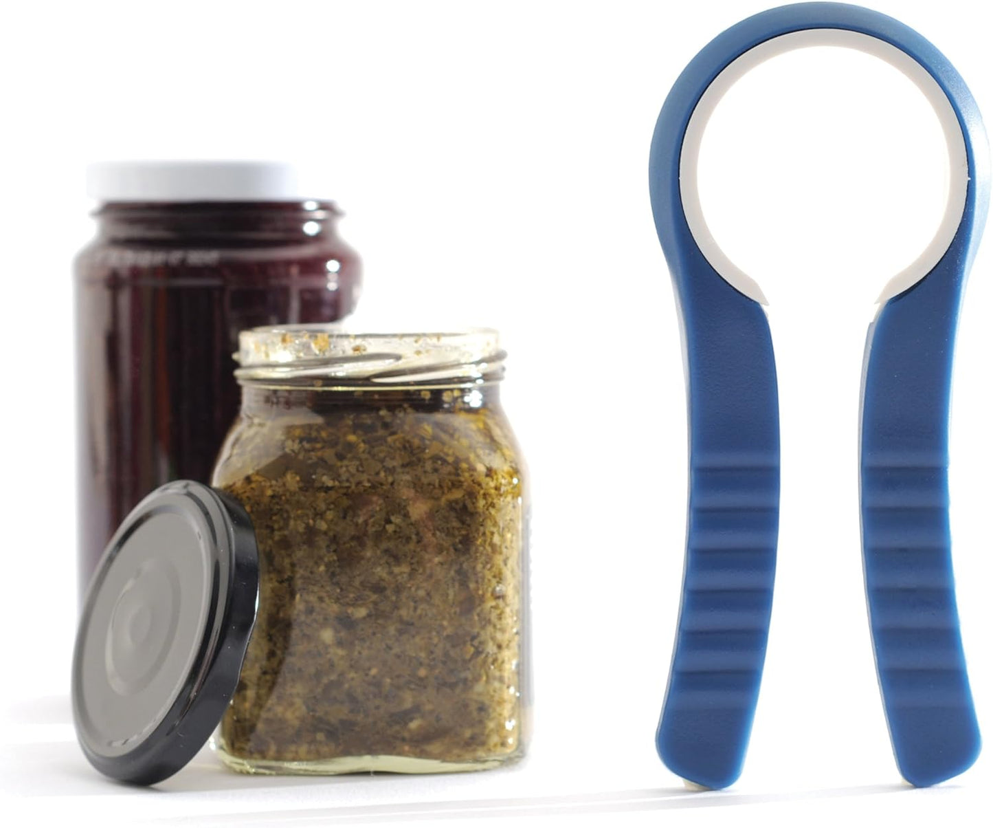Two jars with different types of contents and a blue jar opener on a white background