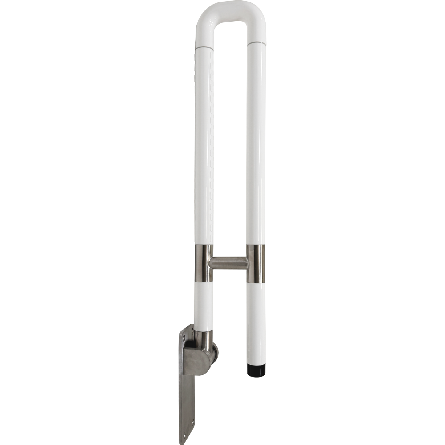 White nylon fold up grab bar with silver bracket on a white background