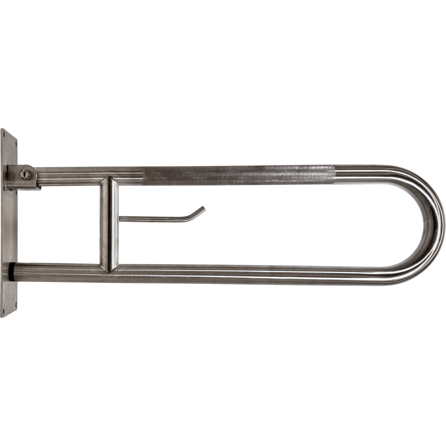 Metal fold up grab bar mounted on a white background
