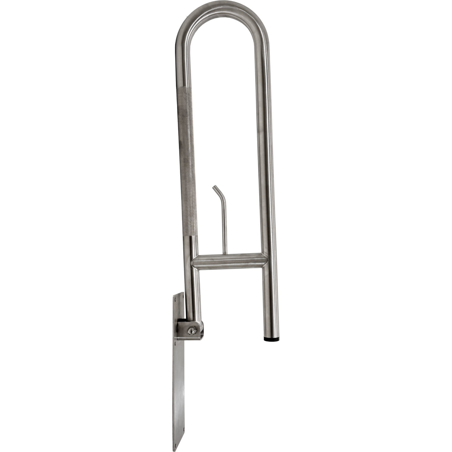 Stainless steel fold up handrail on a white background