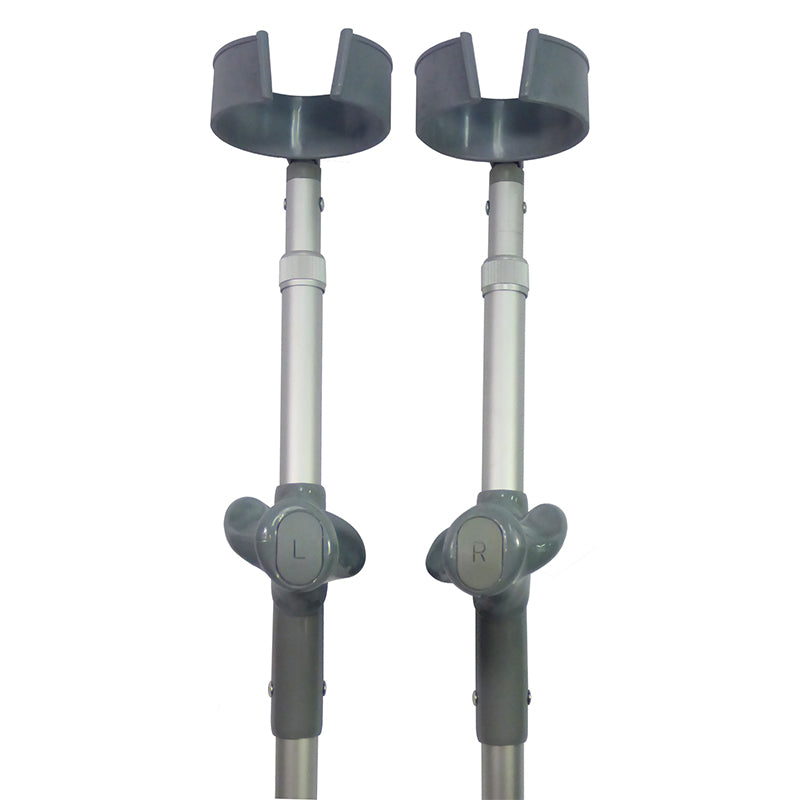 Pair of gray anatomical crutches on a white background