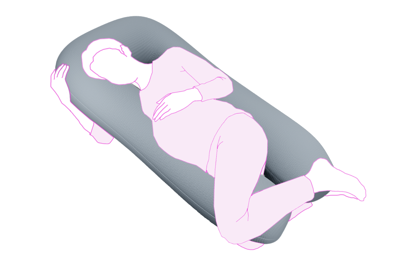 Illustration of a person lying on a gray icare Supporta Body Pillow with pink outline.