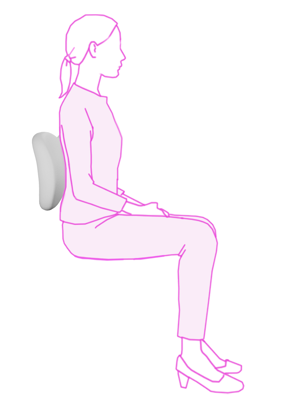 Outline of a person sitting on a chair with a icare Reform Low Back Support, indicating proper sitting posture.