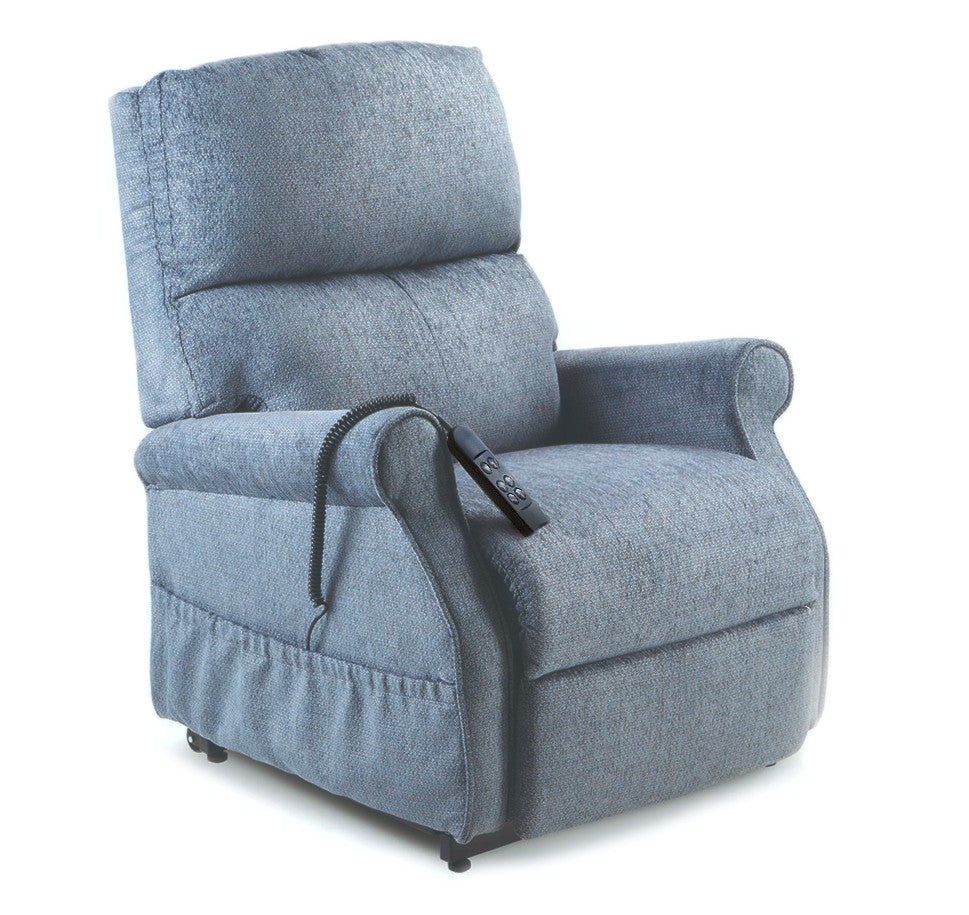 Blue recliner chair with armrest control on a white background