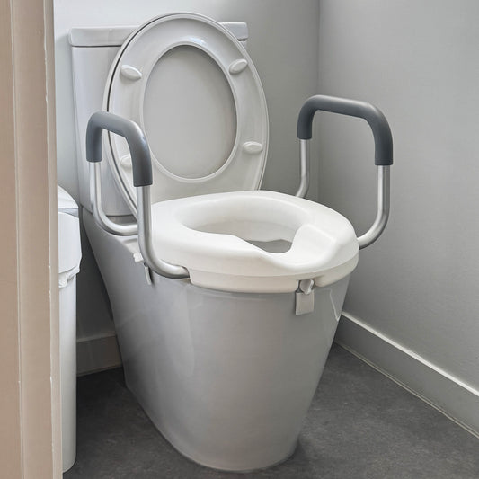 3" Raised Toilet Seat with Arms on White Toilet