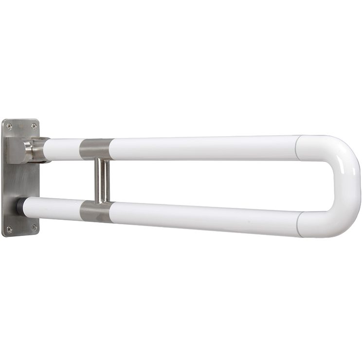 white nylon fold up grab bar mounted on a white background