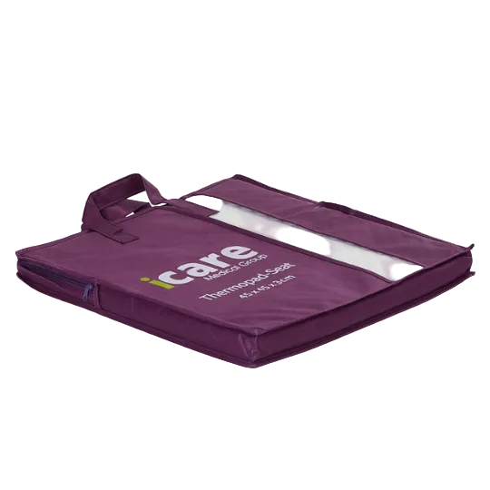 A purple fabric pouch with a clear plastic window and a top handle, featuring the icare Supporta ThermoPad Seat