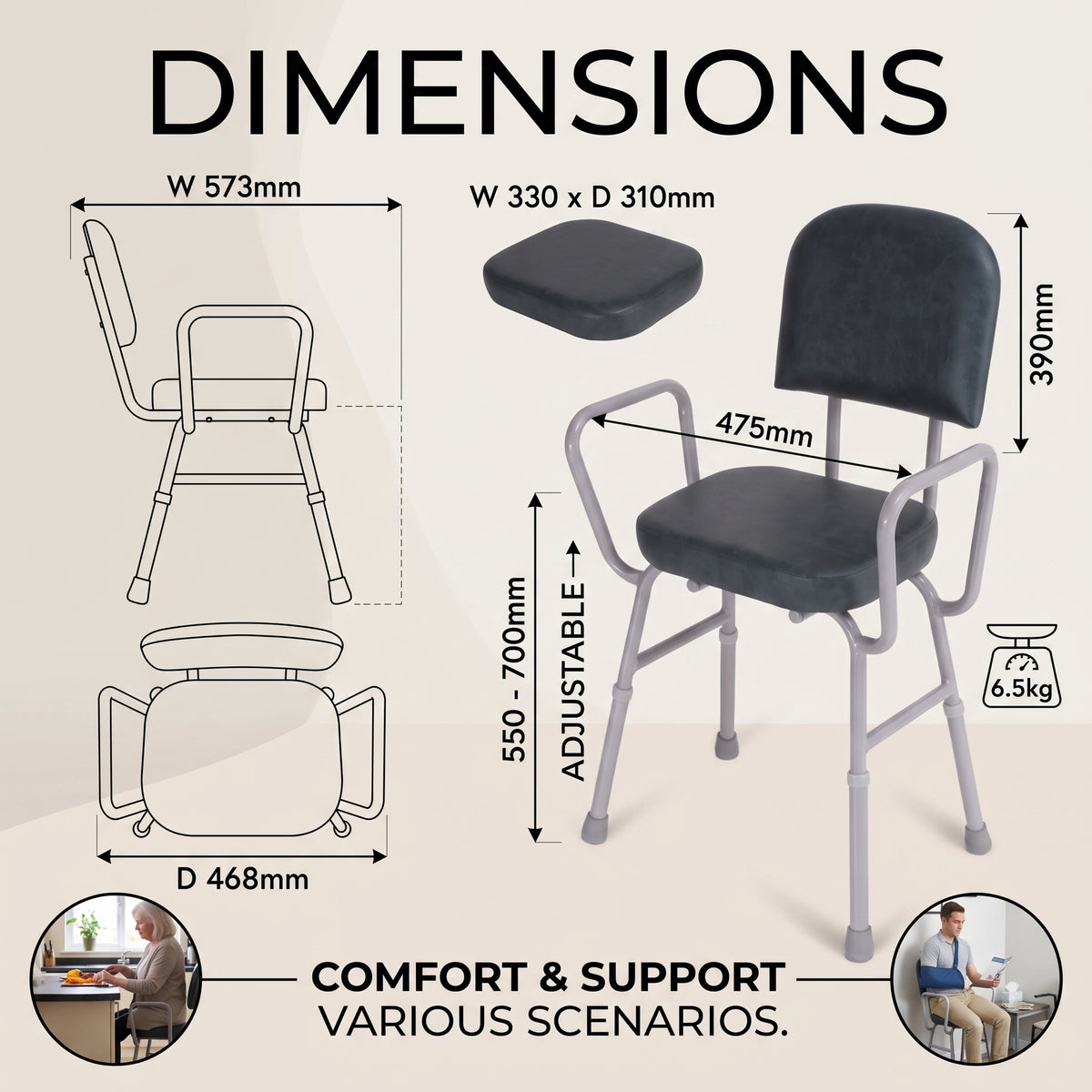 Product dimension diagram for a Viking Support Stool with Arms with a black cushioned seat and backrest, showing front, side, and top-down measurements, weight of 6.5kg, and text reading 'DIMENSIONS' and 'COMFORT & SUPPORT VARIOUS SCENARIOS.