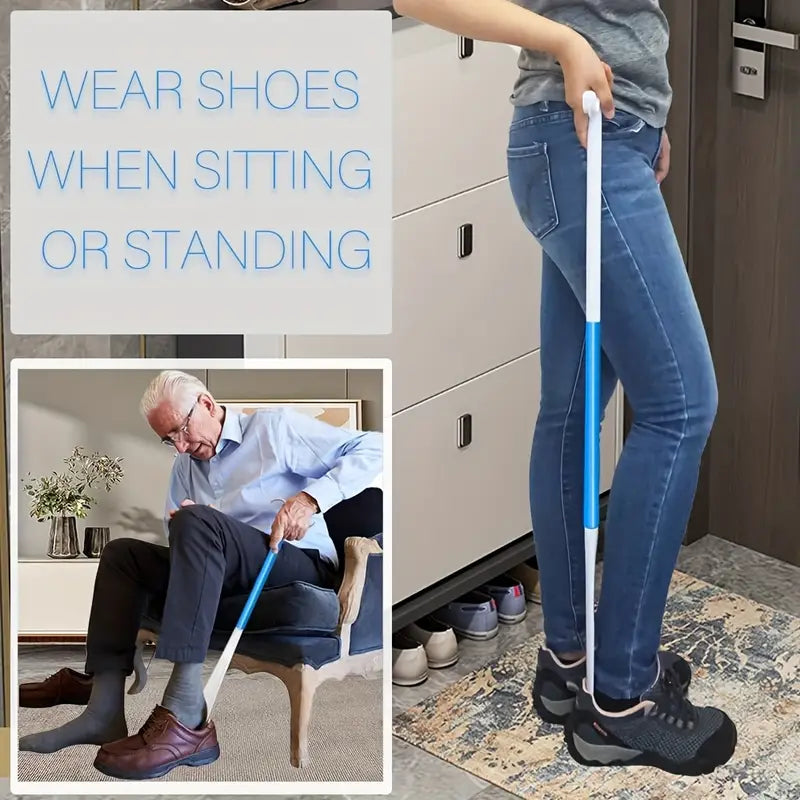 Long Handle Shoe Horn and Dressing Aid being used