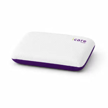 A white rectangular icare Classic Pillow with a purple edge and a small purple 'i care' logo on the top right, shown on a clean white background.