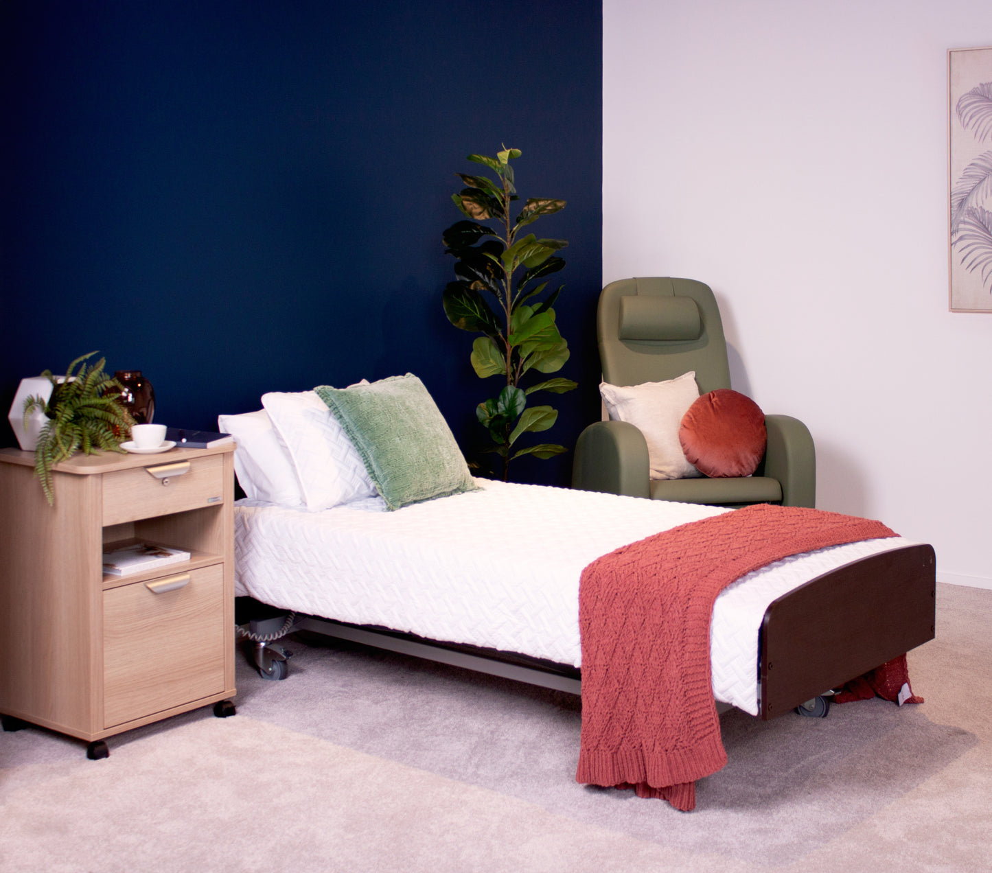 Bock v2 Electric Bed and Greenline Mattress dark oak in bedroom setting