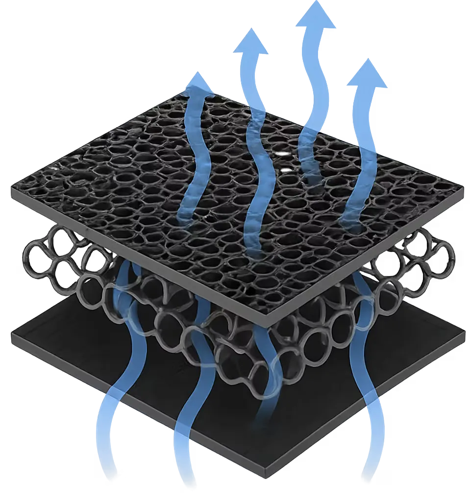 A black perforated mesh filter or strainer plate shown in a cutaway view with blue airflow arrows passing through it on a white background.