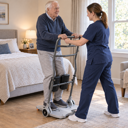 An elderly man using aRehasense Gateway – Transfer and Turning Aid with a caregiver in navy blue scrubs assisting him in a bright, modern bedroom.