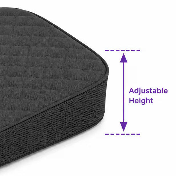 Close-up of a charcoal icare Supporta Body Positioning Pillow (Wedge) corner with a purple arrow and text indicating adjustable height, on a white background.