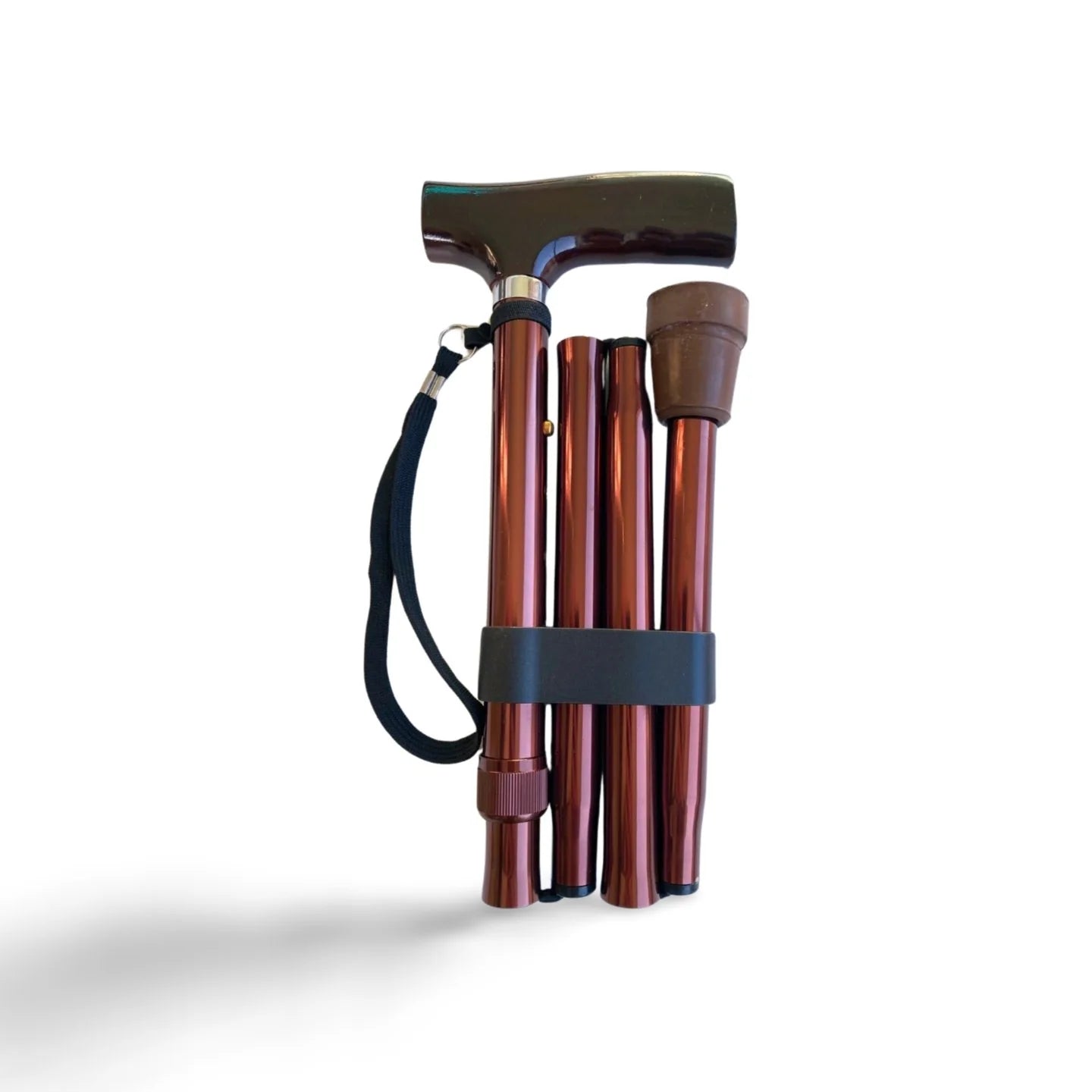 Collapsible walking cane with brown handle and bronze shaft on a white background