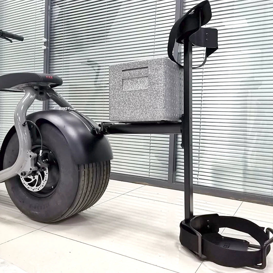 Kaaspeed K1S e-scooter with golf bag and cooler in workshop