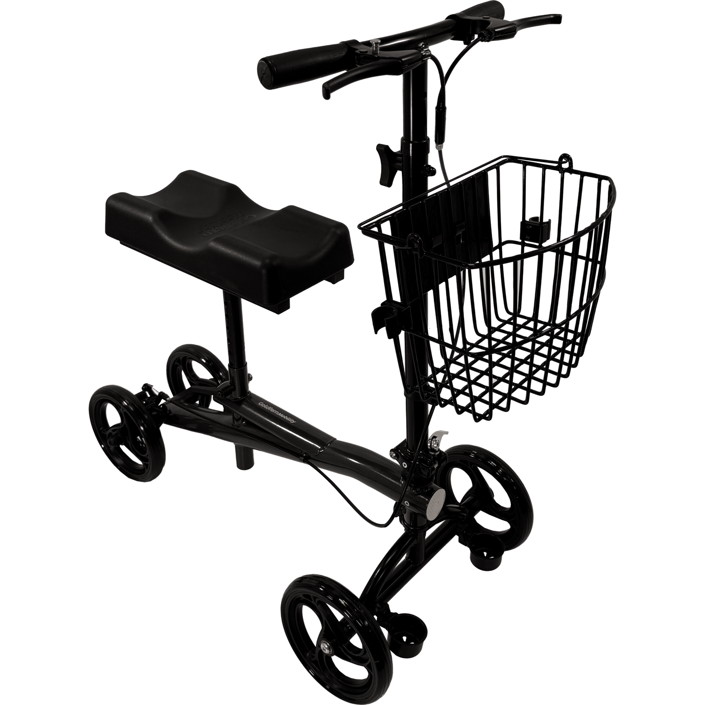 Black knee walker with a basket on a white background