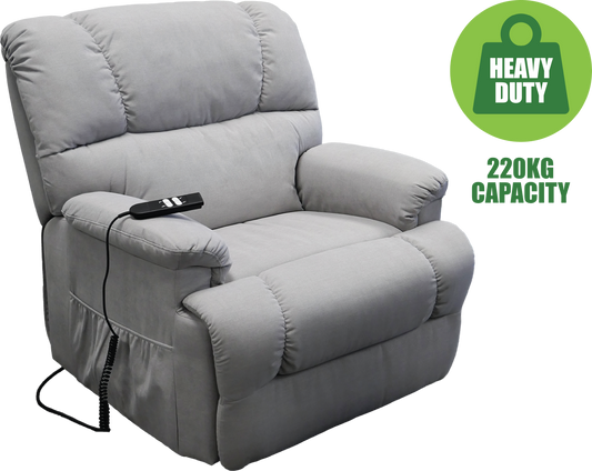 Light Gray Heavy Duty Electric Lift recliner chair with a control panel and 'Heavy Duty 220KG Capacity' label on a white background.