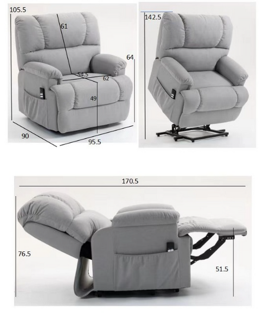 Gray recliner chair with dimensions displayed on a white background