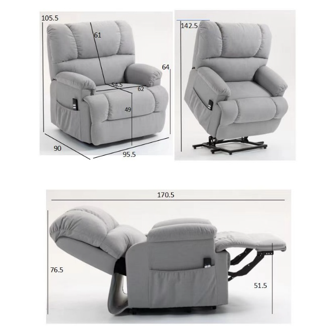 Light Gray Heavy Duty Electric Lift recliner with dimensions displayed on a white background