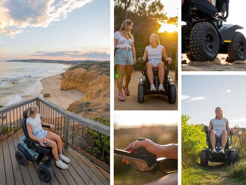 Collage of a woman using a Pride Outback 4×4 Powerchair in various outdoor settings.