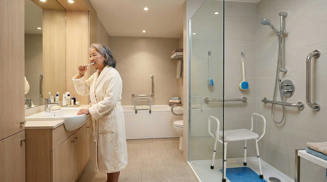 A woman brushing her teeth in a mobility optimised bathroom with equipment