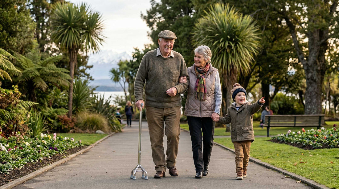 Elderly man with his wife and grandson using a quad stick in a New Zealand park