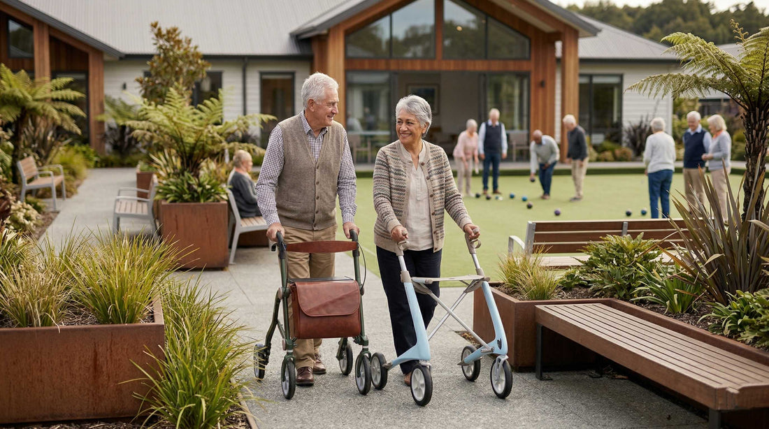 Man and a woman using a Uplivn Trive and a byACRE Ultralight Carbon walker in a retirement village infront of a bowls green.
