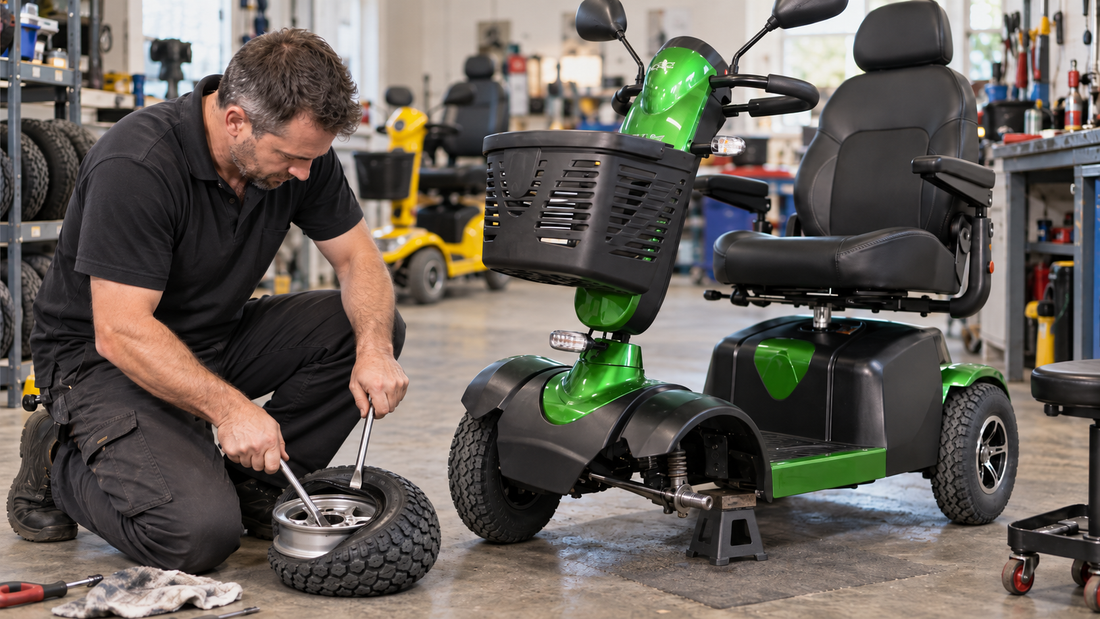 Tyre Repair on Merits Roadster Mobility Scooter in a busy workshop