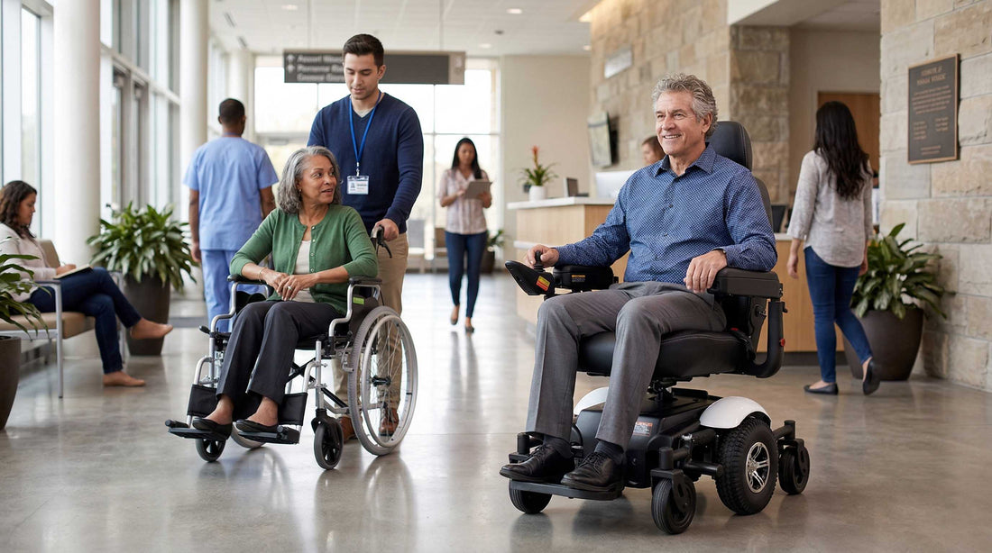 Wheelchair and powerchair being used in a busy foyer