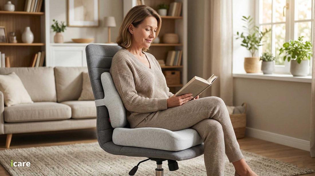 Woman in a chair with reform cushions on the seat and back in a lounge space