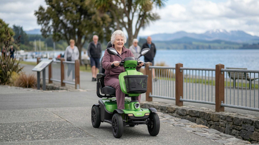 Woman on a Green Merits Urban Mobility Scooter on a road in front of a lake with people in the background