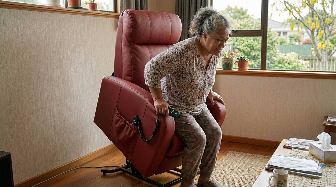 Woman using a red electric lift chair to stand in a lounge setting