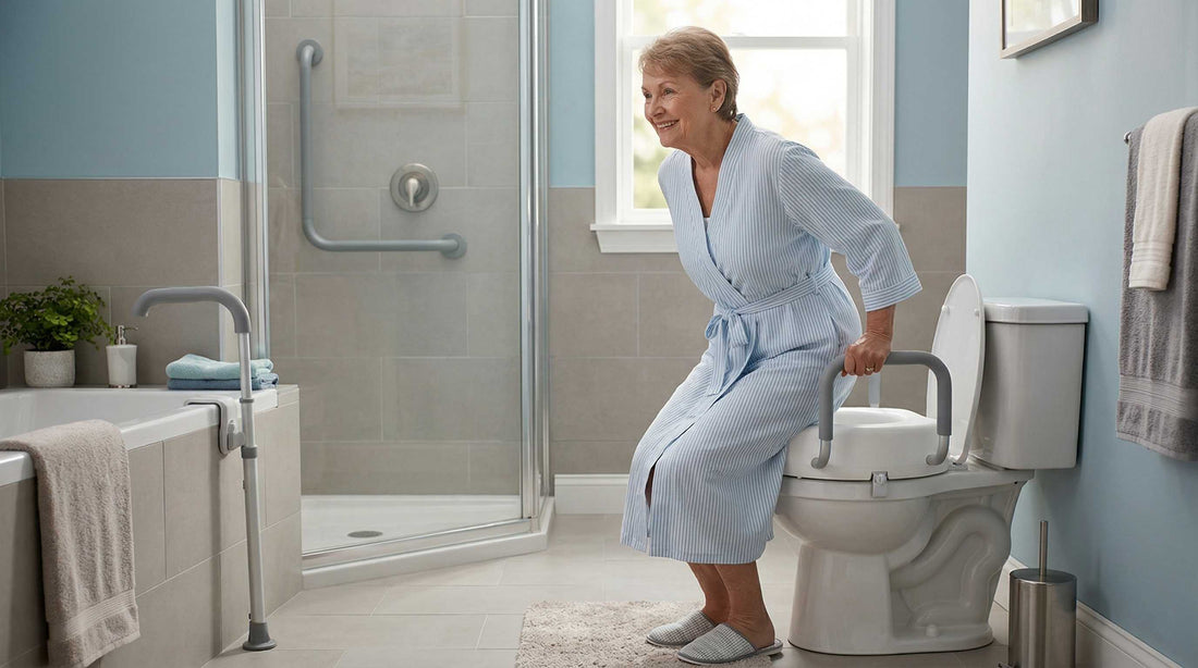 Woman using a toilet raiser in a bathroon with other mobility aids
