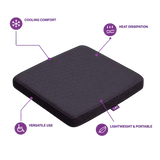 A charcoal icare Supporta ThermoPad Seat cushion with a honeycomb texture, shown with purple callout lines and icons highlighting features like cooling comfort, heat dissipation, versatile use, and lightweight portability.