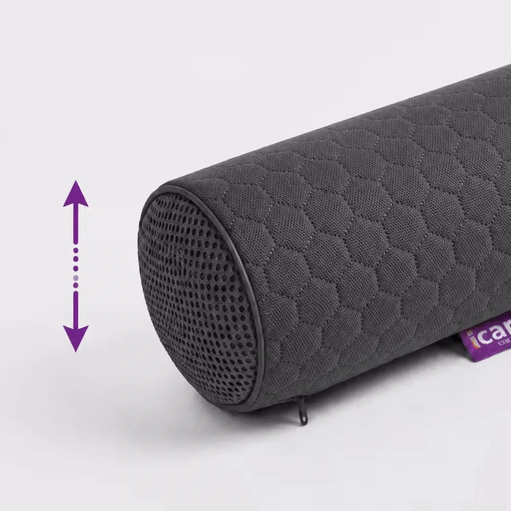 A icare Supporta Full Lumbar Roll, shown on a light gray background with a purple double-arrow graphic indicating height adjustment and a small purple brand tag.